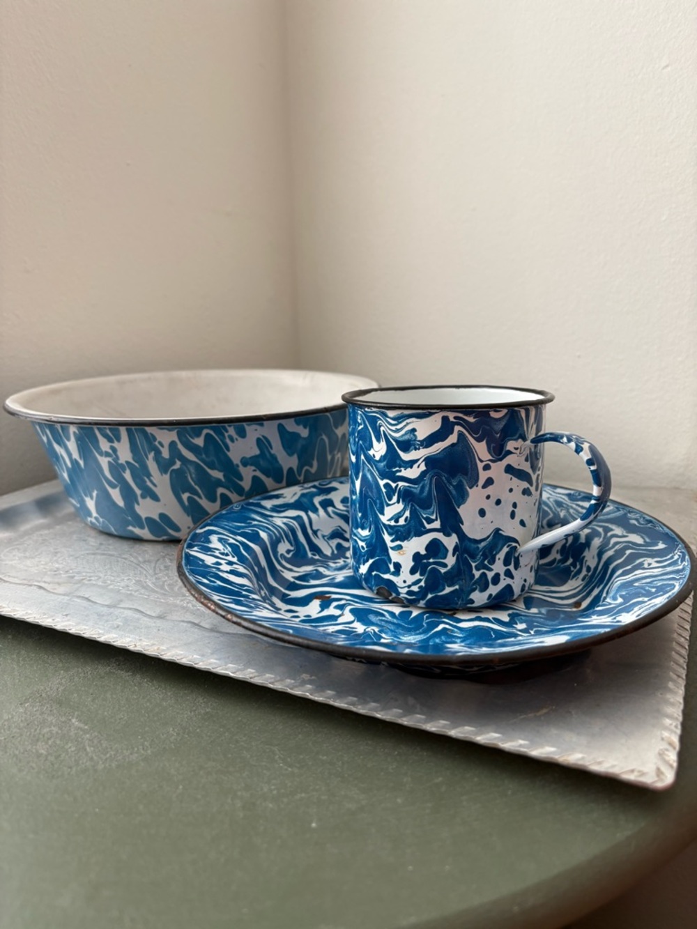 Vintage Blue Marble Enamelware Cup and Plate Set - White & Blue